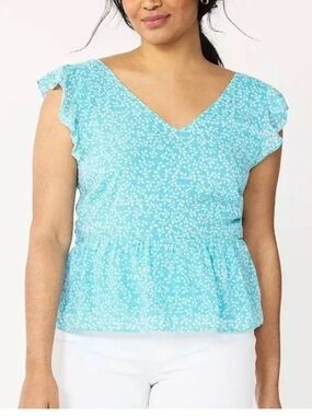 Draper James Blue white & floral print Flutter Sleeve Peplum-Hem Blouse Size 2X